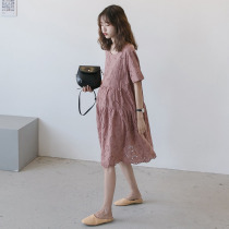 Hollow embroidery~2021 summer dress loose large size cotton and linen maternity dress Short sleeve loose tide mom summer skirt