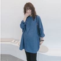 Pregnant woman shirt 2022 spring dress blouse with long section Korean version loose large code casual plaid shirt spring and autumn breast-feeding clothes