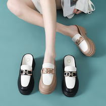 Star Tong Genuine Leather Baotou Semi-Slipper Female Tide Inside Heightening Outside Wearing Thick Bottom One Foot Pedal Casual Lefu Shoes Coarse Heel