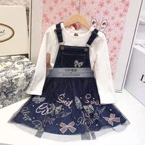 Spot seven-leaf hibiscus girl female treasure New pianist bow embroidery t-shirt denim strap dress set