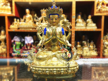 Bronze gilt four-armed Guanyin Buddha statue (21cm) Taer Temple production