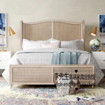 American country solid wood woven rattan bed Double bed French retro old rattan art bed Master bedroom king bed 1 8 meters wedding bed
