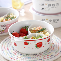  Three-grid bowl lunch box Microwave oven heated ceramic bowl Office worker with rice round lunch box sealed separation enamel