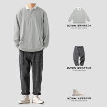 LAZY DAY original mens set with Japanese college style lapel polo shirt mens clothes loose jeans