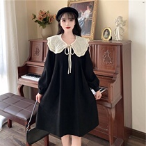 Large size pregnant women autumn dress 200kg dress lapel lapel age foreign atmosphere long loose pregnant women late pregnancy skirt