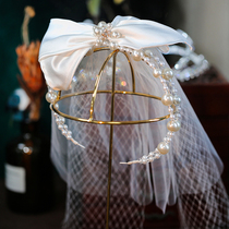 Japan and South Korea sweet Pearl handmade hair ribbon satin bow short veil Super fairy wedding wedding bride head jewelry