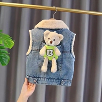 Children plus velvet thick denim vest male and female children Spring and Autumn New Korean cartoon baby children Foreign style cute tide