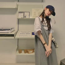 Pregnant women summer cotton dress summer 2021 new suit summer top suspender skirt two-piece set medium-long section