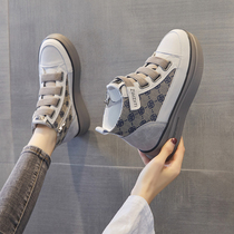 Increased leather canvas shoes women 2021 autumn and winter plus velvet New muffin thick soles Velcro high casual womens shoes