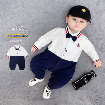  2021 British gentleman style newborn baby pure cotton spring and autumn one-piece long-sleeved bow tie male baby harem climbing suit