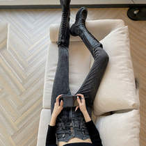Smoke gray jeans female ultra-high waist trousers spring hundred and tight three rows of belly hips pencil trousers