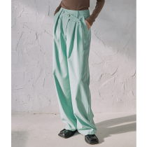 BLUEerror loose high waisted ribbon Green straight suit pants womens hanging feeling mopping waist pants autumn