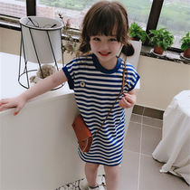2021 summer new childrens casual long dress girls Navy style blue striped sleeveless T-shirt skirt