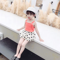 Girls suspender set Summer baby foreign style childrens fashion clothes 0-3-5 years old 2 female baby shorts two-piece set