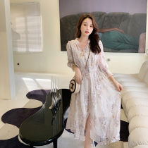 2021 new soft mist fan flower early autumn embroidery printing vintage chiffon dress v-neck waist shirt top