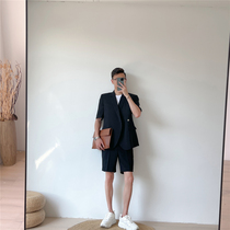 Summer new Korean casual mens five-point sleeve black small blazer suit suit short trousers two-piece suit