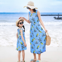 Girls summer cotton dress parent-child mother womens cotton silk long floral beach dress little girl Korean childrens skirt