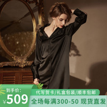 Heavy Pound Long Sleeve Real Silk Shirt Sleeping Dress Woman Spring Autumn Sexy Long style black 19 Mmisan silk Home Sleeping Clothes