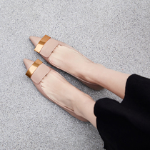 GANAIER retro leather square buckle pointed flat heel shallow single shoes womens wild low-heeled thick-heeled commuter womens shoes