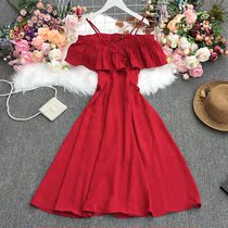 2021 summer Korean version of the new temperament celebrity pleated strapless shoulder a word collar suspenders long dress women