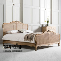 American retro rattan bed solid wood double bed wedding bed European antique do old bed carved rattan bed rattan bed