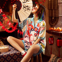 Summer ice silk pajamas Womens summer thin short-sleeved silk national tide retro style personalized home clothes two-piece suit