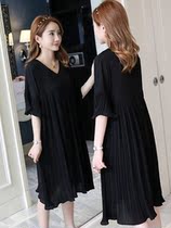 Large size maternity dress summer net red tide mom pleated chiffon skirt V-neck short sleeve loose medium and long maternity dress