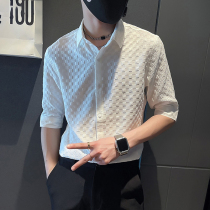 Ice Silk Short Sleeve Shirt Mens Summer Thin half sleeves Ruffin Handsome Shirt Korean version Trend casual 100 lap pure color blouse