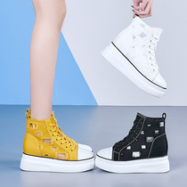  Korean trendy brand thick-soled inner heightening canvas shoes womens new summer high-top shoes breathable hollow hole casual sandals