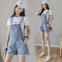 Summer Korean version of denim bib pants female age reduction slim-fit bib shorts Students loose thin wild womens pants