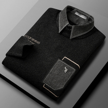 2021 Winter new pullover sweater coat trend stitching shirt collar fake two mens knitted base shirt