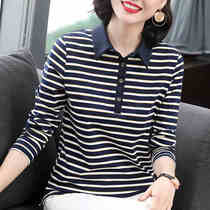 Spring and autumn dress lapel striped top base shirt middle-aged mother cotton long sleeve T-shirt women loose size shirt