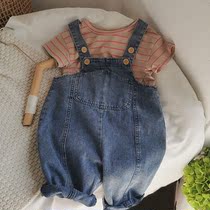 Soft cotton nostalgic wash water thin jeans for men and women children cute jumpsuit loose Joker baby strap pants