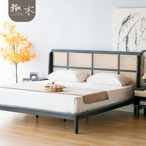  Nordic Japanese rattan bed Modern minimalist design Wabi-sabi style CANE rattan solid wood 1 8m double bed black