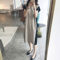 The new Korean version of maternity temperament color-matching socialite medium-long knitted summer maternity dress female tide mother summer