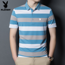 Playboy mens short-sleeved t-shirt striped cotton polo shirt summer new half-sleeve business casual t-shirt tide