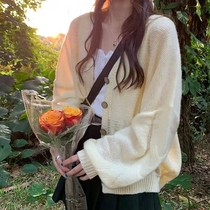 2022 Qing pure soft glutinous knit cardio-hoodie woman spring and summer new loose and lazy wind cute v collar jacket long sleeve blouse