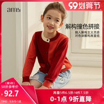 amii childrens clothing girl sweater coat 2021 Autumn New Chinese childrens red loose knit cardigan Foreign