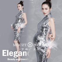 Movie House Morden Fashion Gestation Mommy Writing Genuine Silver Sequin to Fashion Spicy Mother Themed Photo Gown