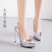12cm super high heels womens thin heels 2021 new waterproof platform pointed shoes sexy nightclub silver high-heeled sky high single shoes