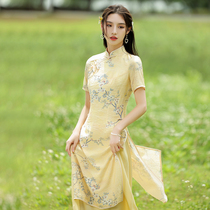 Aodai Cheongsam 2021 new fresh light elegant plain retro tea art zen clothes fairy improved Vietnamese dress