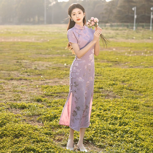 Летнее ретро сиреневое легкое элитное элегантное длинное ципао, изысканный стиль, светлый стиль