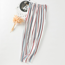 Spring Summer Pure Cotton Female Sleeping Pants Thin sheet Single long pants loose Students All cotton striped casual home pants can be worn outside