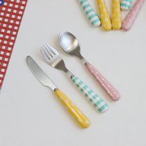 ES) French girl heart ins wind knife fork spoon Striped polka dot small daisy stainless steel spoon