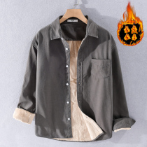 Autumn and winter Japanese retro plus velvet padded shirt men loose leisure youth warm long sleeve shirt coat trend