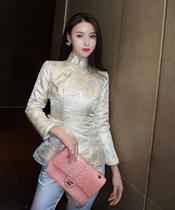 Retro elegant improved champagne color sparkling cheongsam Autumn New Embroidery Fashion short Tang suit Chinese style womens clothing