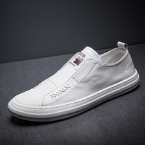 Pedal lazy board shoes Korean version of casual wild trendy shoes White first layer cowhide shoes Mens shoes leather white shoes