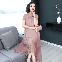 Middle-aged and elderly 40-year-old mother covering her belly temperament dress noble silk new summer womens Chinese style purple cheongsam
