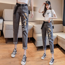  Tide brand smoke gray tooling jeans womens autumn 2021 new straight small print casual cropped pants