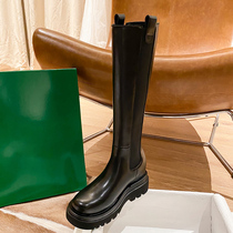 Cow leather version ~ genuine leather small guy inner heightening smoke tube high cylinder rider boots female elastic thick bottom though knee-length cylinder boot